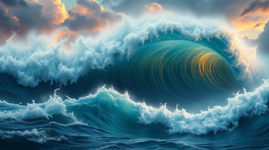 Eine kraftvolle Welle bricht majestätisch im Ozean, umgeben von dramatischen Wolken.