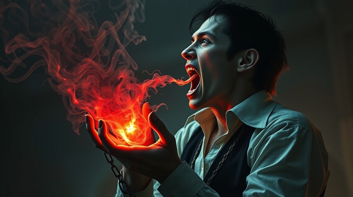 Ein Mann schreit und hält eine leuchtende, feurige Kugel in der Hand.