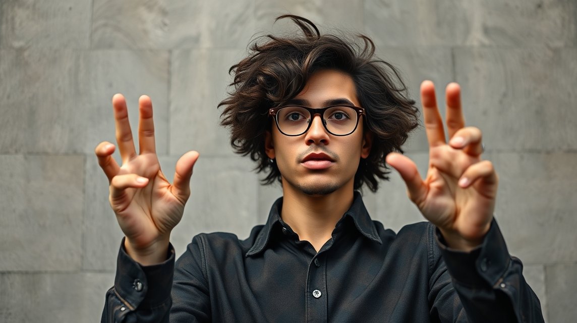 Ein junger Mann mit lockigem Haar und Brille zeigt mit seinen Händen Gesten.