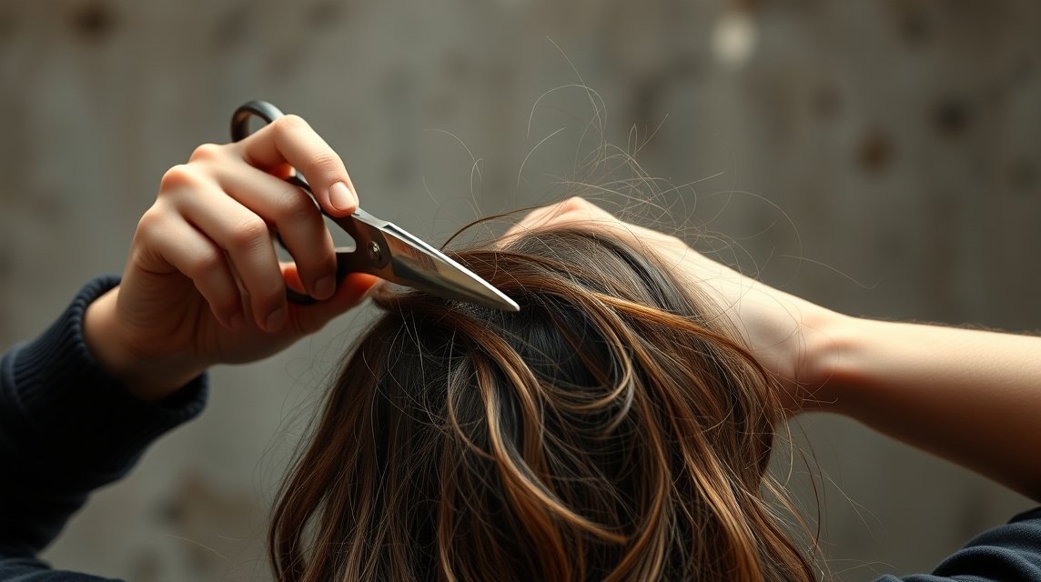 Eine Hand schneidet Haare mit einer Schere, während die andere Hand das Haar hält.