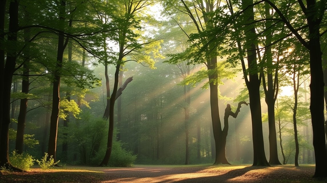 Ein sonnendurchfluteter Wald mit sanften Lichtstrahlen zwischen den Bäumen.