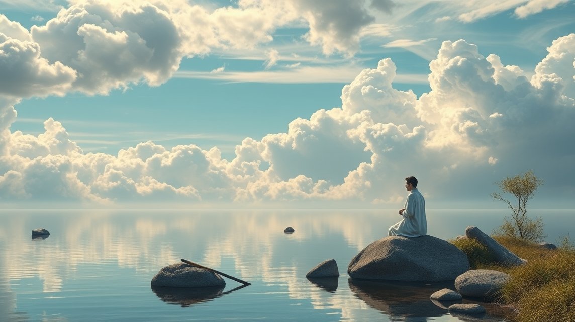 Ein meditierender Mensch sitzt auf einem Felsen am ruhigen Wasser unter einem bewölkten Himmel.