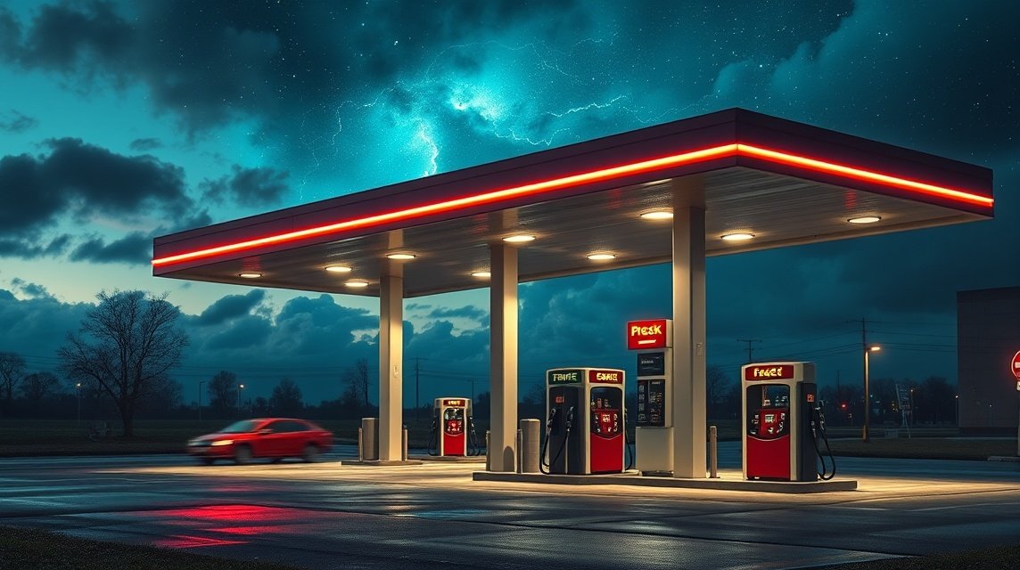 Eine Tankstelle bei Nacht, beleuchtet von roten Lichtern unter einem stürmischen Himmel.