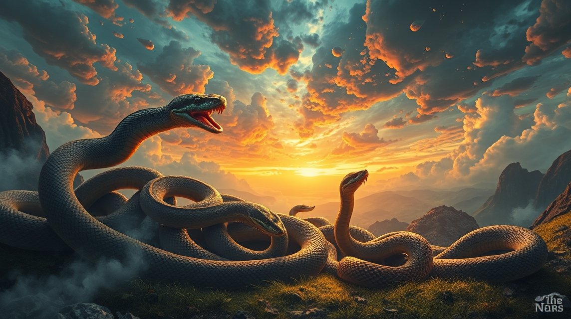 Eine Gruppe von Schlangen windet sich in einer dramatischen Landschaft bei Sonnenuntergang.