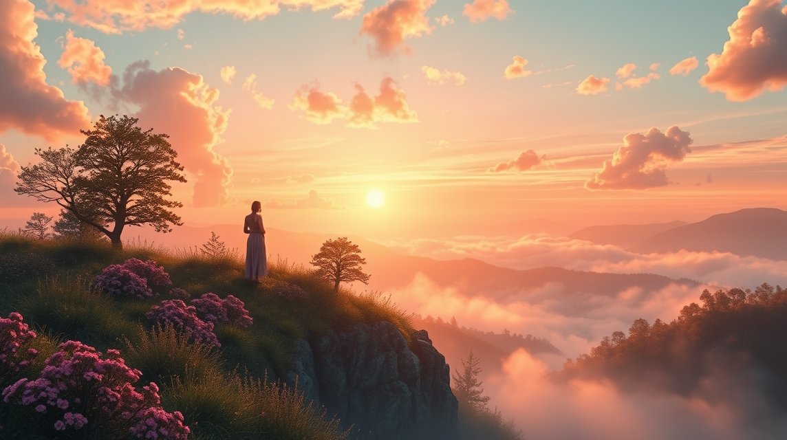 Eine Frau steht auf einem Hügel und betrachtet den Sonnenuntergang über den Bergen.