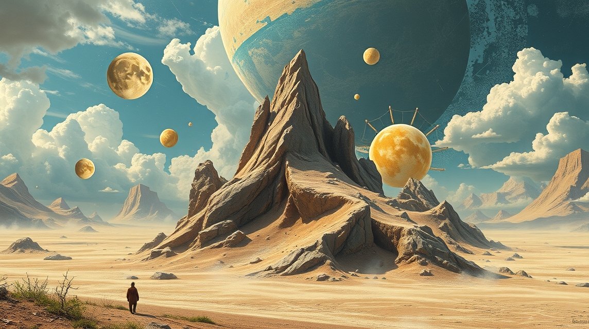 Eine surrealistische Landschaft mit Bergen, Planeten und Wolken im Hintergrund.