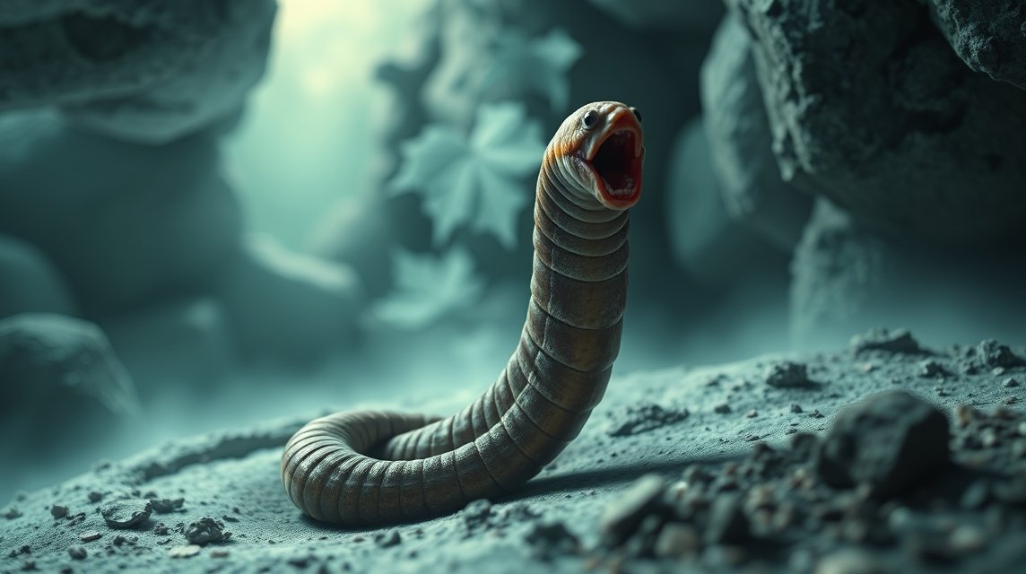 Eine schlangenartige Kreatur mit einem schreienden Kopf auf dem Boden.