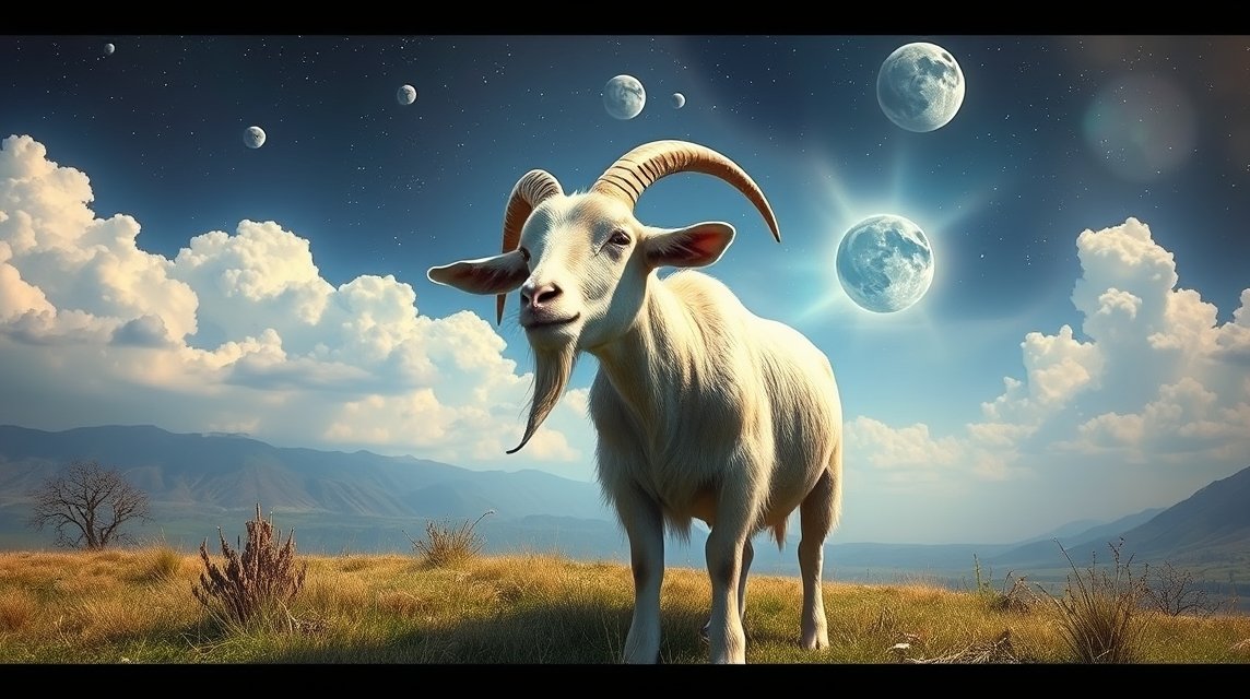 Eine Ziegenfigur steht auf einer Wiese unter einem klaren Himmel mit Planeten.
