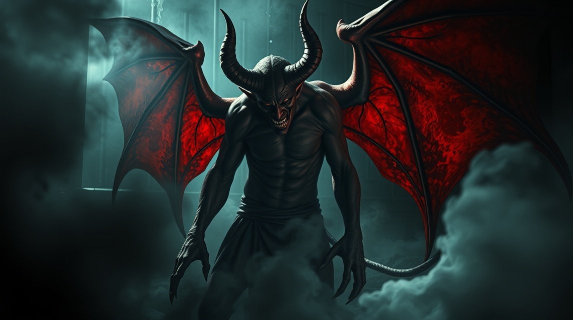 Ein dämonisches Wesen mit roten Flügeln und bedrohlichem Ausdruck in einem nebligen Raum.