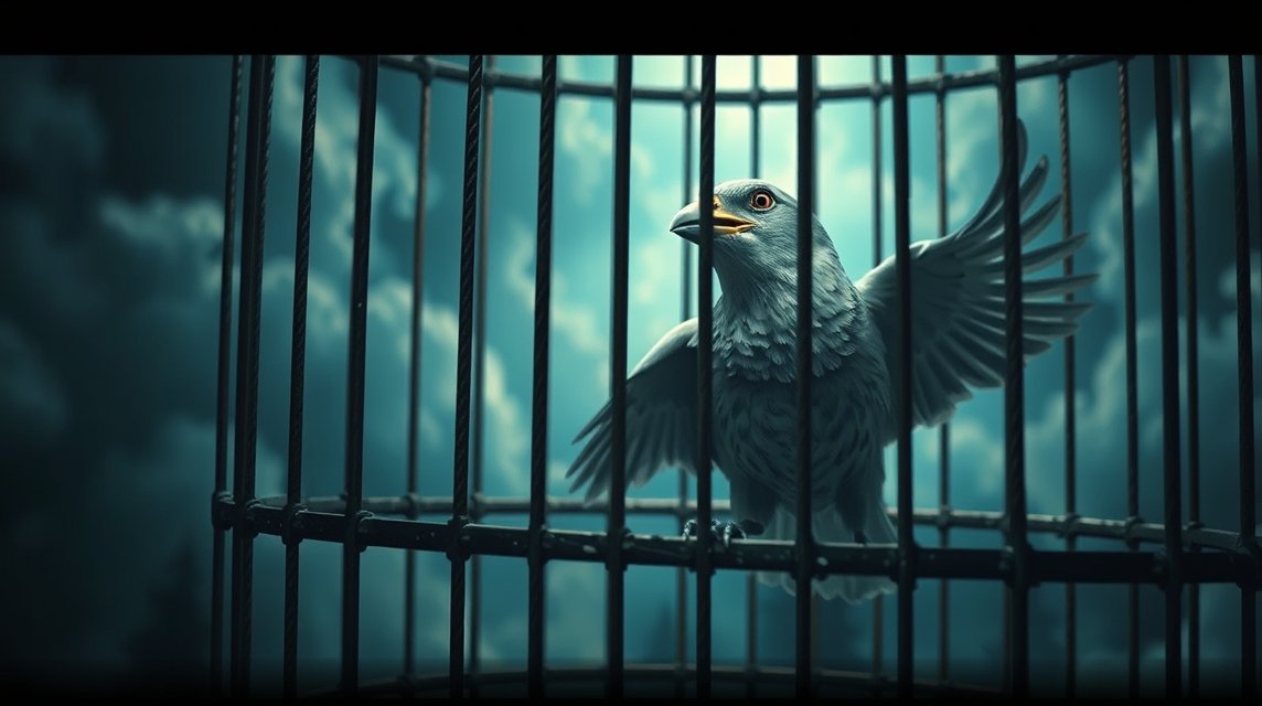 Ein Vogel sitzt in einem Käfig und breitet seine Flügel aus.