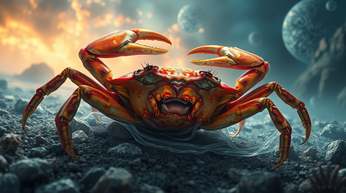 Ein leuchtend orangefarbener Krebs mit bedrohlichem Ausdruck auf einem felsigen Untergrund.