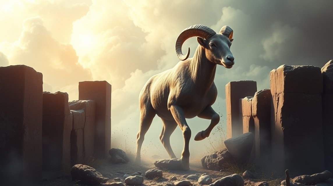 Ein majestätisches Schaf mit großen Hörnern, das durch alte Steine läuft.