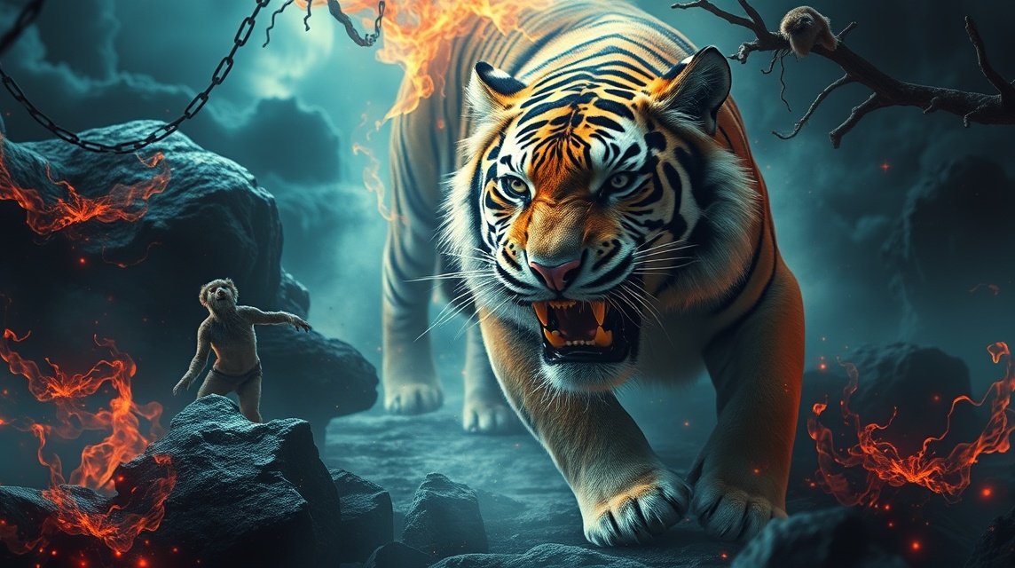 Ein bedrohlicher Tiger steht in einer düsteren, feurigen Umgebung.