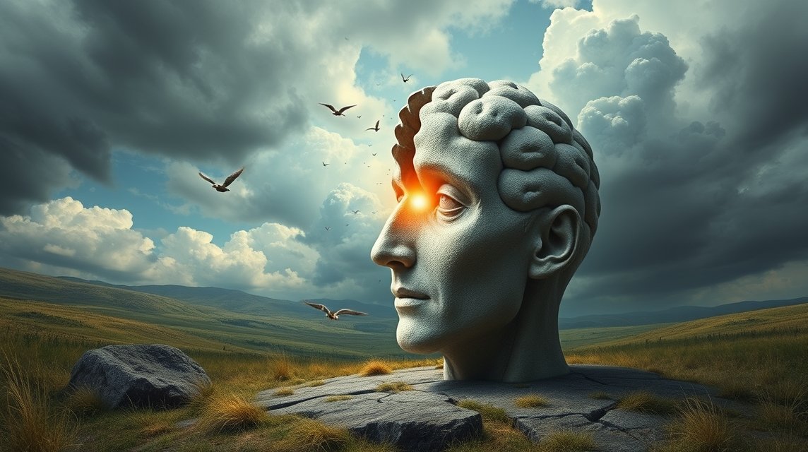 Eine stilisierte Kopfskulptur mit leuchtendem Auge und Wolken im Hintergrund.