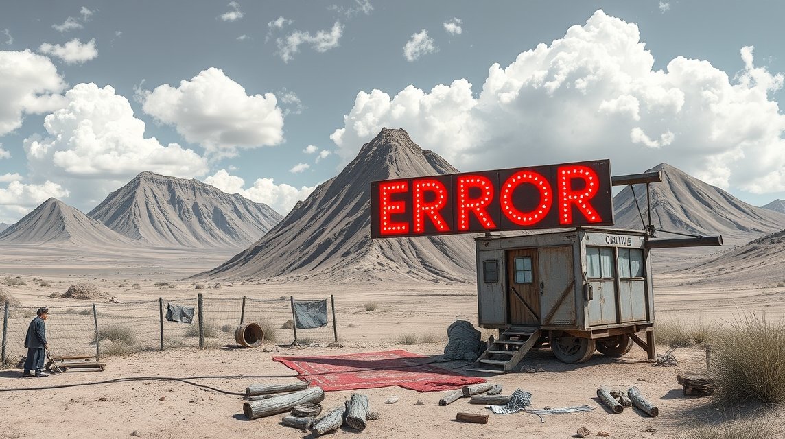 Ein verlassener Ort mit einem Wohnwagen und einem großen 'ERROR'-Schild.