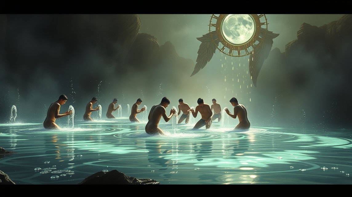 Eine Gruppe von Männern steht im Wasser und interagiert mit sprudelndem Wasser.