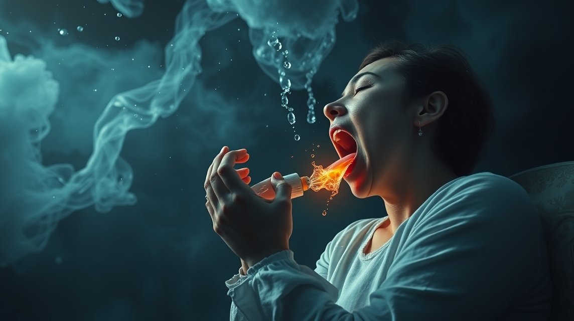 Eine Frau mit weit geöffnetem Mund, aus dem Feuer und Wasser strömt, umgeben von Rauch.