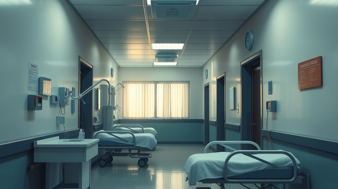 Ein leerer Krankenhausflur mit Betten und medizinischen Geräten.