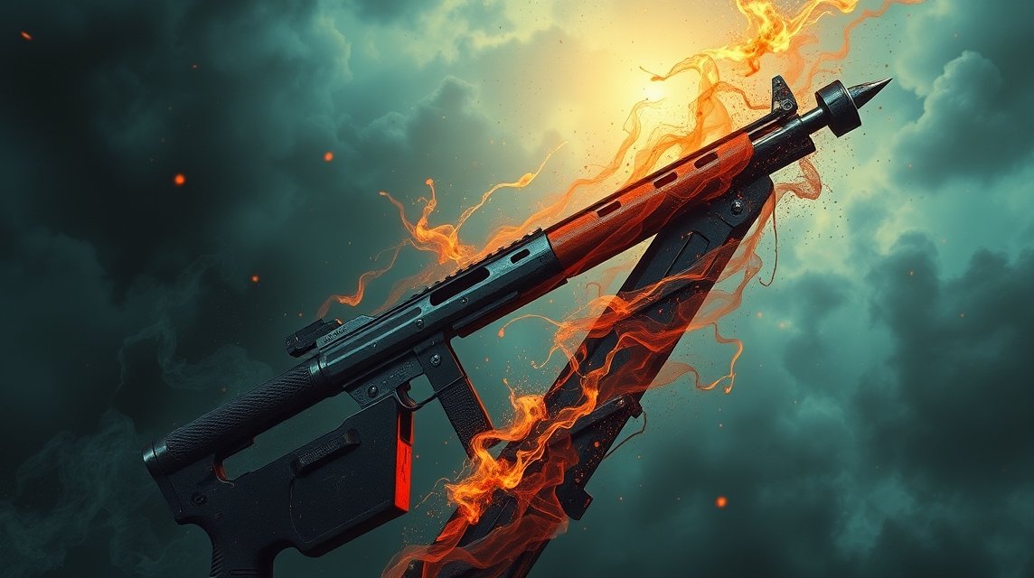 Eine stilisierte Darstellung eines Gewehrs mit feurigen Effekten im Hintergrund.