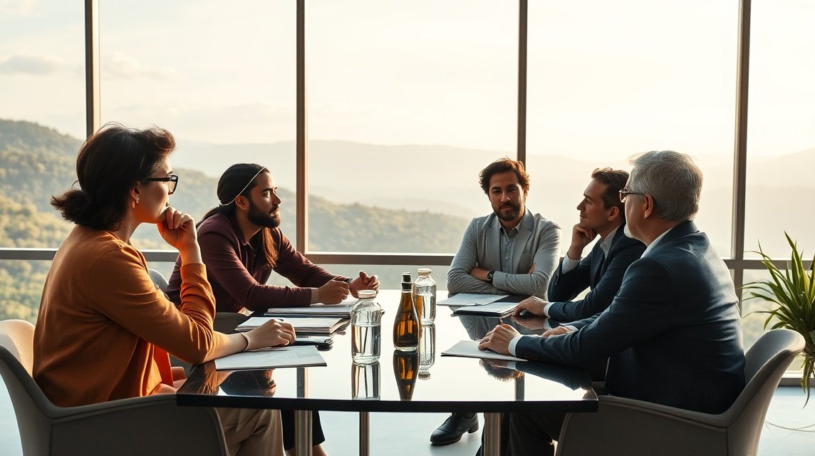 Eine Gruppe von fünf Personen in einem Besprechungsraum mit Blick auf die Berge.