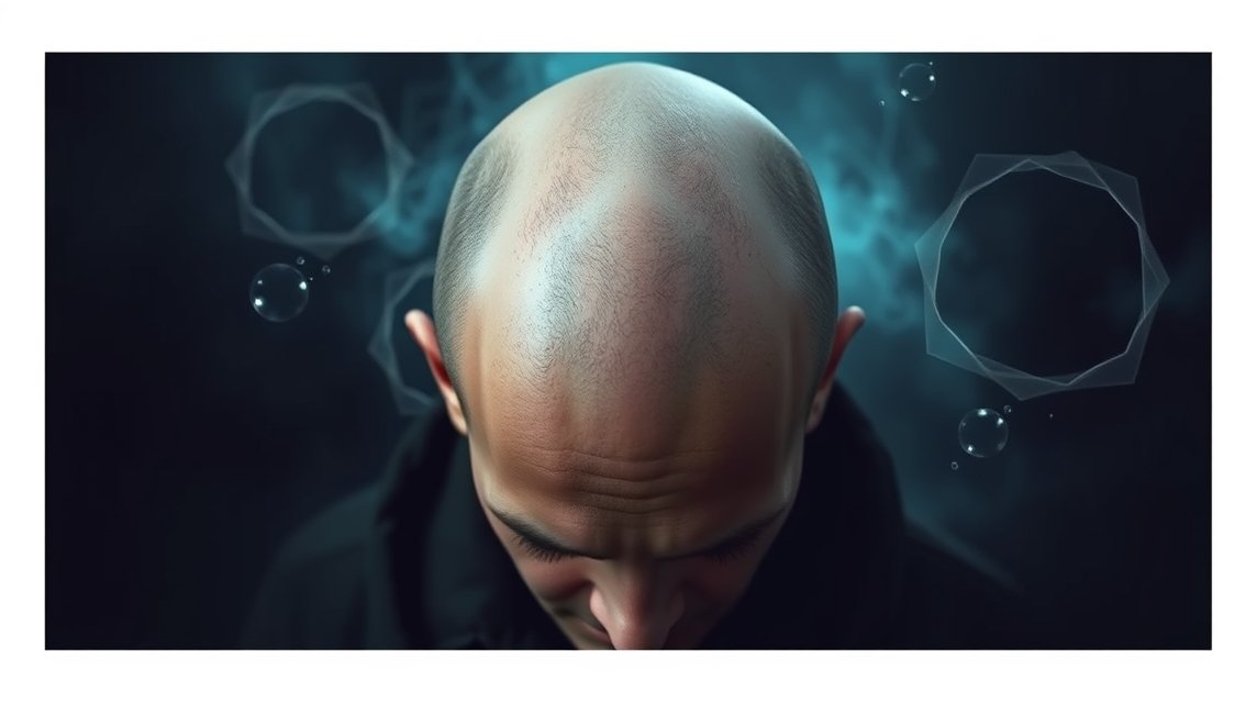 Ein nachdenklicher Mann mit Glatze, umgeben von mystischen Blasen und Schatten.