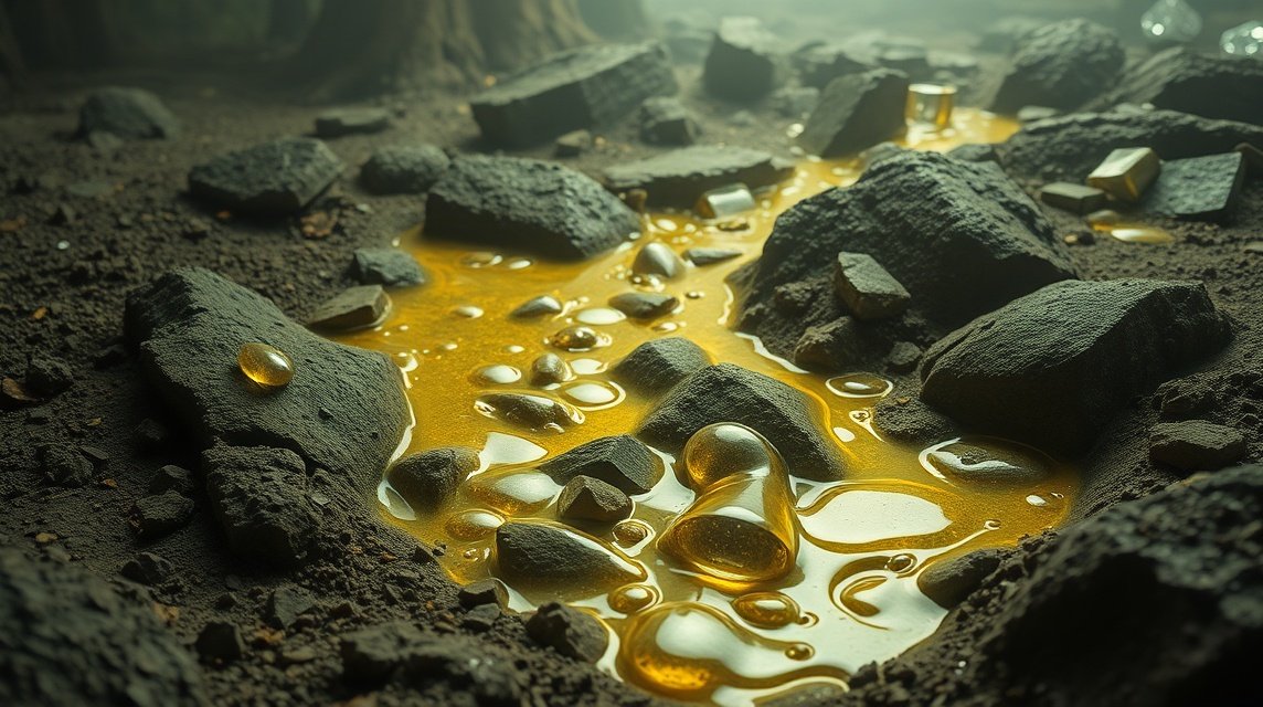 Eine goldene Flüssigkeit fließt zwischen dunklen Steinen auf dem Boden.