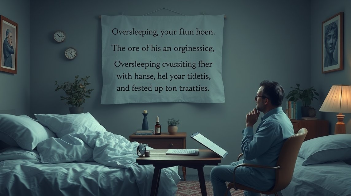 Ein Mann sitzt in einem Schlafzimmer und betrachtet ein Banner mit Text über das Träumen.