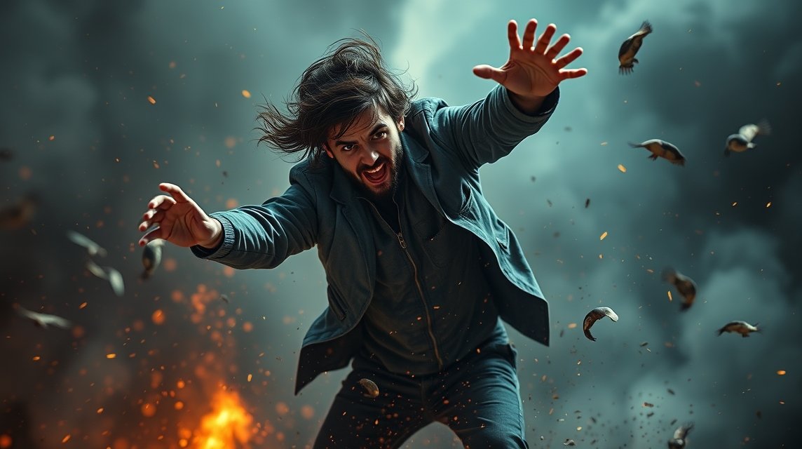 Ein verzweifelter Mann streckt seine Hände aus, während er von Chaos umgeben ist.