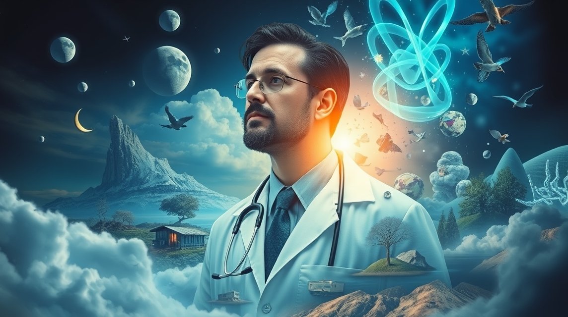 Ein Arzt in einem surrealen Traumlandschaft mit Planeten und Vögeln.