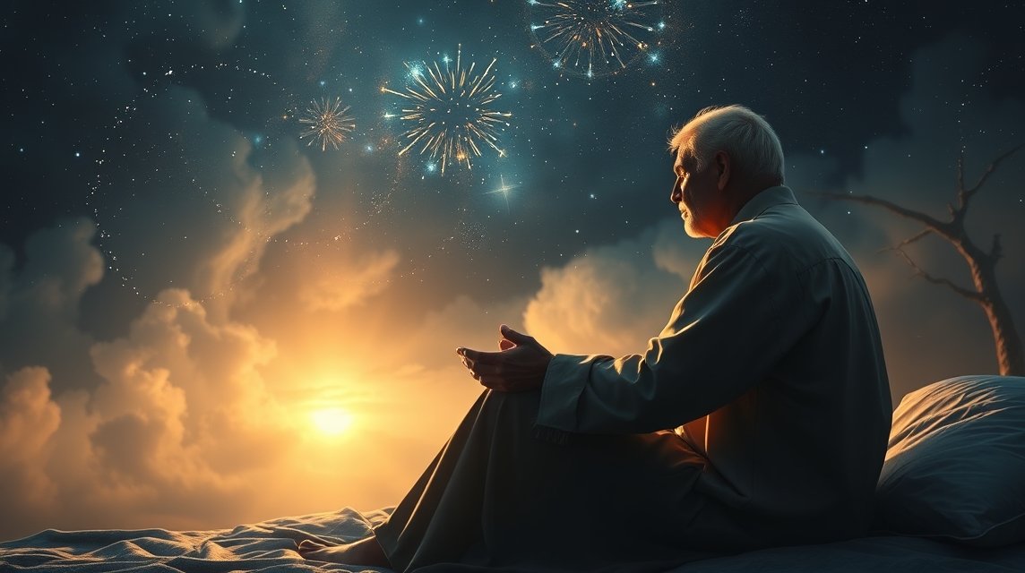 Ein älterer Mann sitzt nachdenklich auf einem Bett und betrachtet den Himmel mit Feuerwerken.