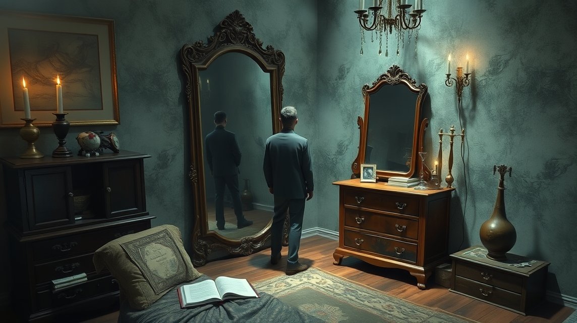 Ein Mann steht vor einem Spiegel in einem stilvollen, dunklen Raum.