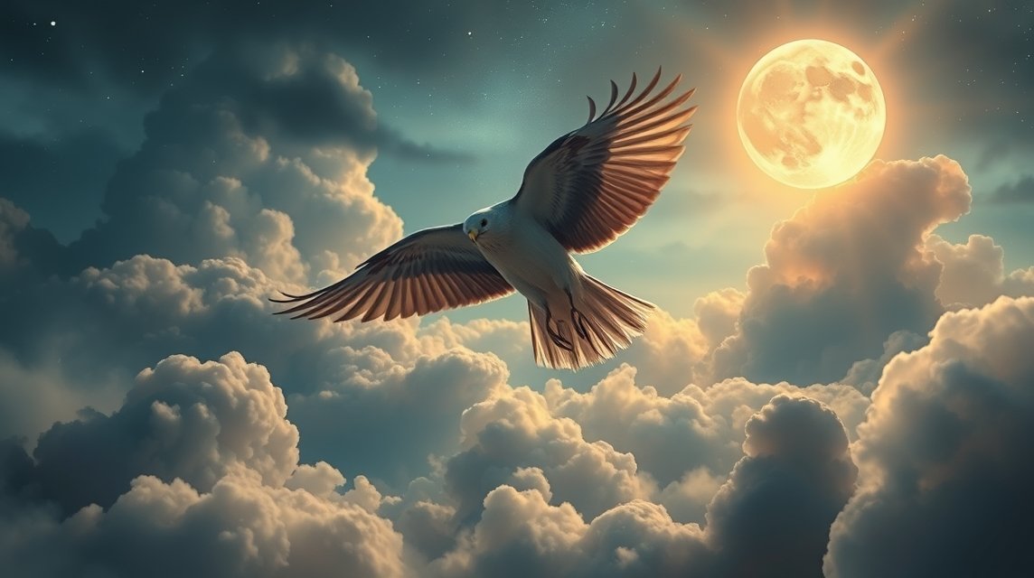 Ein majestätischer Vogel fliegt durch eine traumhafte Wolkenlandschaft unter einem vollen Mond.