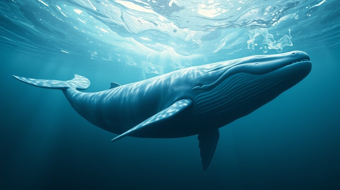 Ein majestätischer Wal schwimmt ruhig im klaren Wasser.