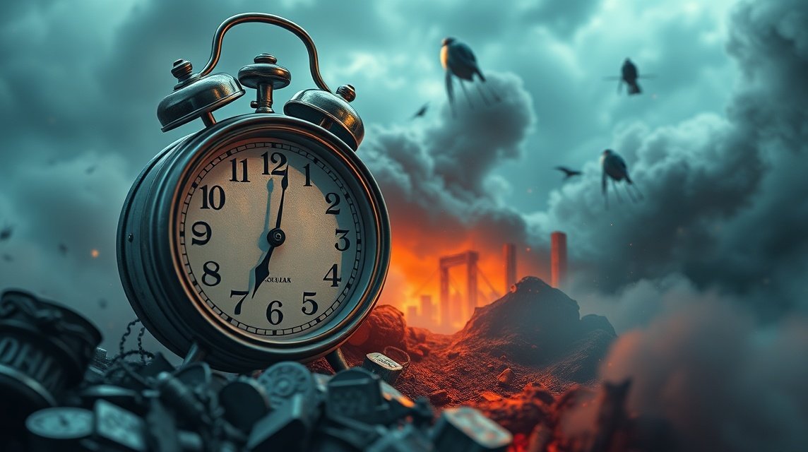 Ein Wecker steht in einer apokalyptischen Landschaft mit Rauch und Ruinen.