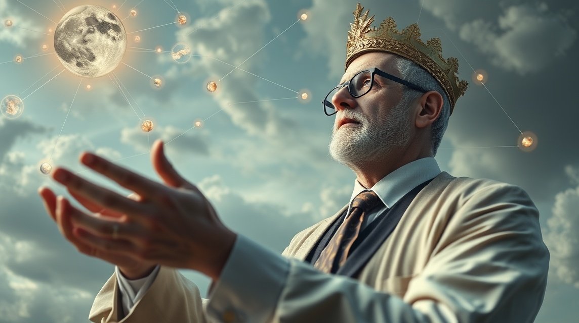 Ein weiser Mann mit einer Krone, der den Himmel und den Mond betrachtet.