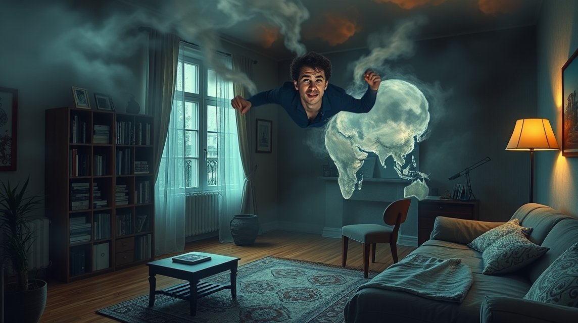 Ein Mann schwebt in einem Raum, umgeben von Nebel und einer Weltkarte.