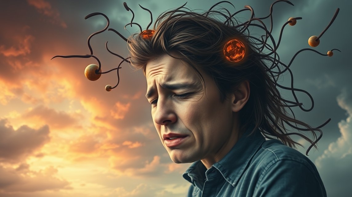 Ein nachdenklicher Mann mit wirren Haaren und leuchtenden Elementen im Kopf.