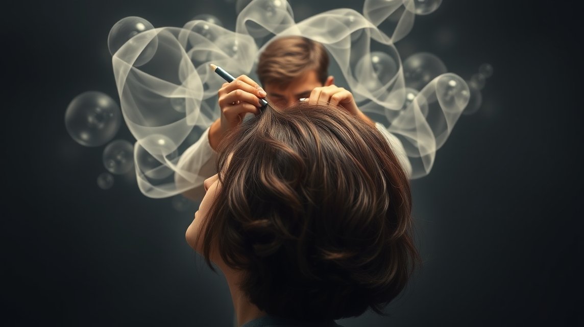 Ein Mann zeichnet mit einem Stift auf das Haar einer Frau, umgeben von Rauch und Blasen.