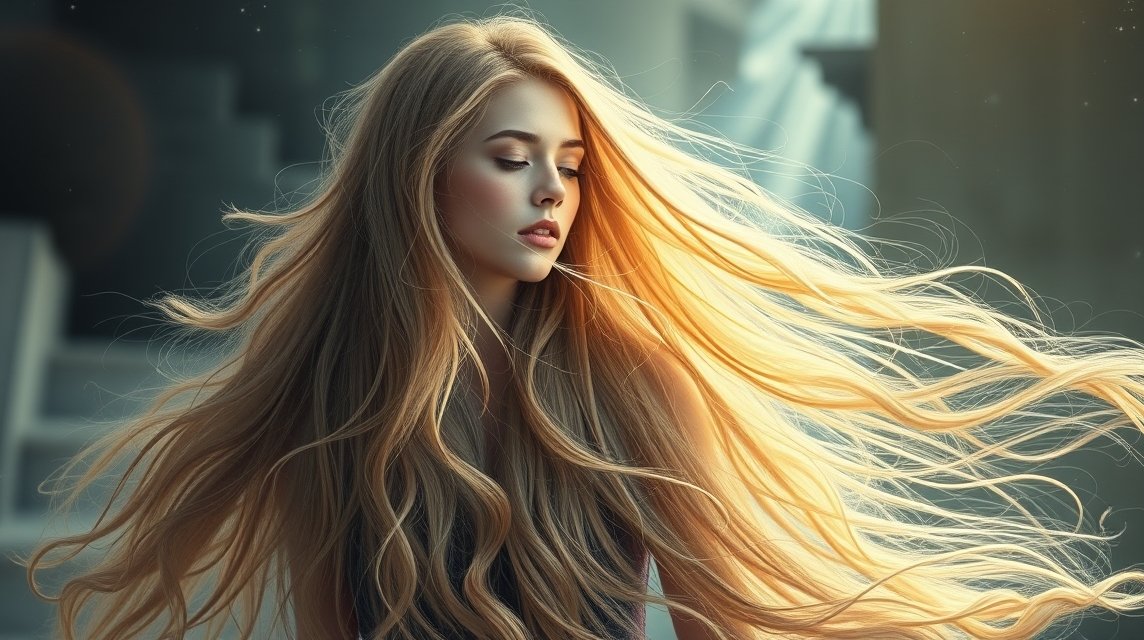 Eine Frau mit langen, fließenden Haaren, die sanft im Licht weht.