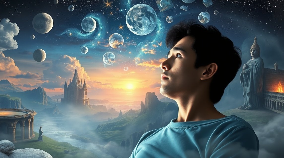 Ein nachdenklicher junger Mann blickt in den Himmel voller Planeten und Sterne.