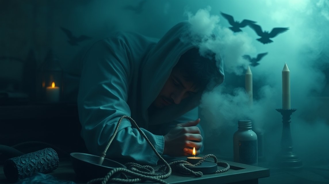 Ein nachdenklicher Mann in einem Hoodie sitzt vor einer Kerze und rauchigen Schatten.