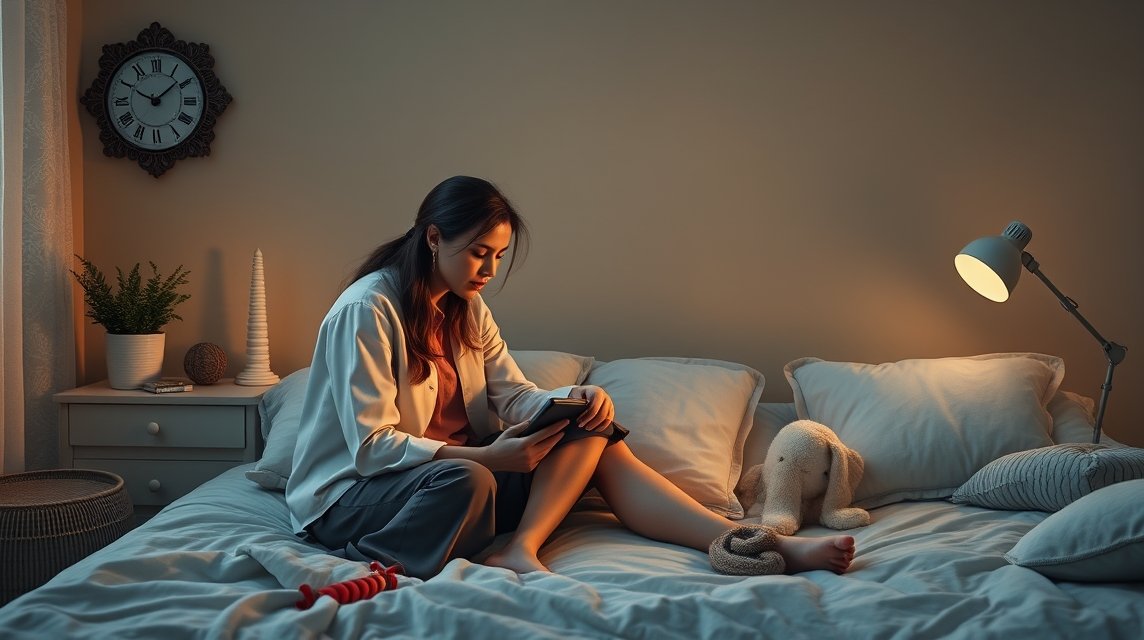 Eine nachdenkliche Frau sitzt auf dem Bett und liest ein Buch bei sanftem Licht.