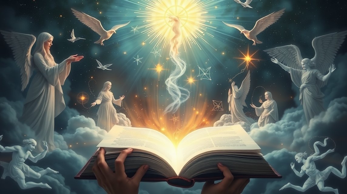 Ein offenes Buch, umgeben von Engeln und leuchtenden Sternen in einer mystischen Atmosphäre.
