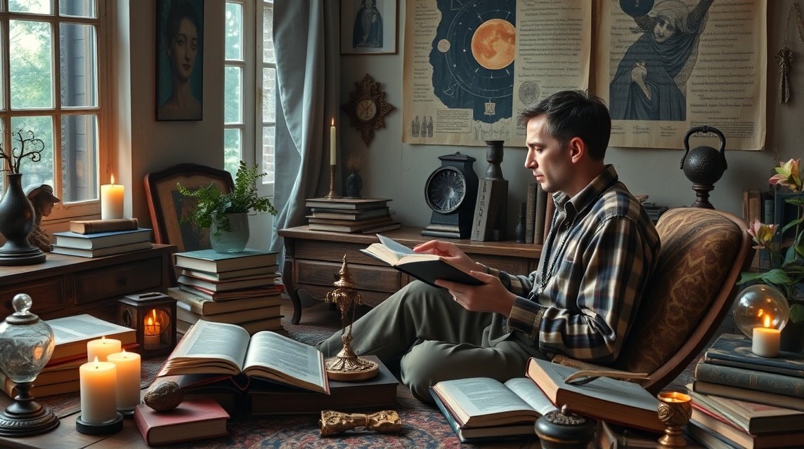 Ein Mann sitzt in einem gemütlichen Raum voller Bücher und Kerzen und liest.