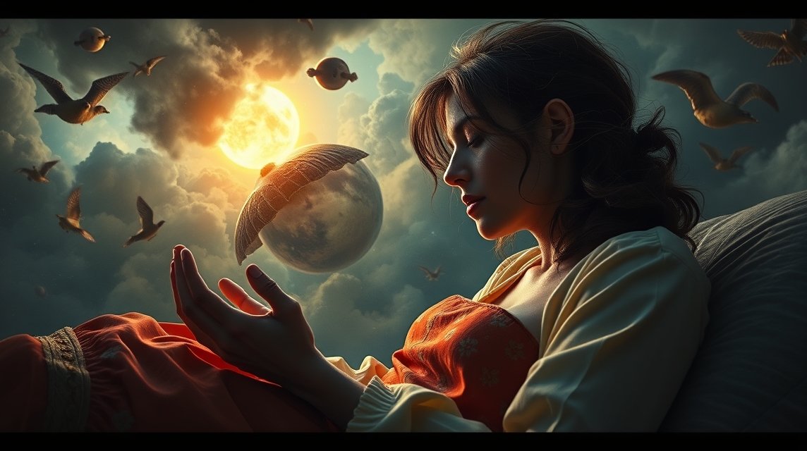 Eine nachdenkliche Frau liegt im Bett und betrachtet eine schwebende Weltkugel.