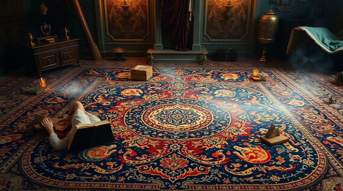Eine Person liegt auf einem bunten Teppich und liest ein Buch in einem mystischen Raum.