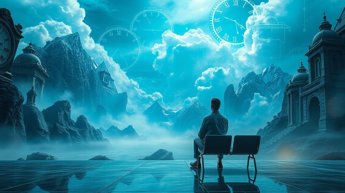 Ein Mann sitzt auf einer Bank in einer surrealen Landschaft mit Uhren und Bergen.