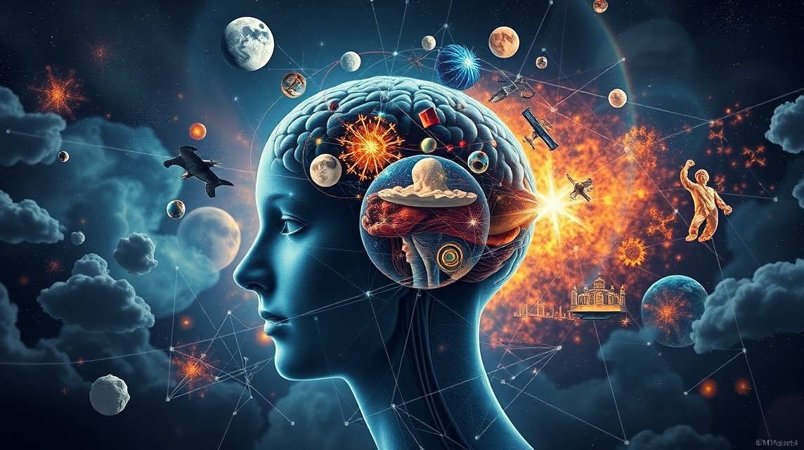 Ein menschliches Profil mit einem leuchtenden Gehirn, umgeben von Planeten und Sternen.
