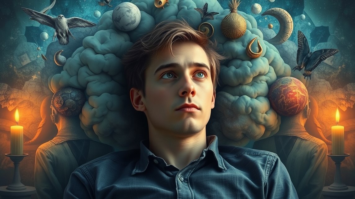 Ein nachdenklicher junger Mann liegt mit einer kreativen Traumlandschaft über seinem Kopf.