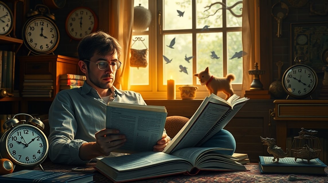 Ein junger Mann liest in einem gemütlichen Raum mit Uhren und einem Hund.